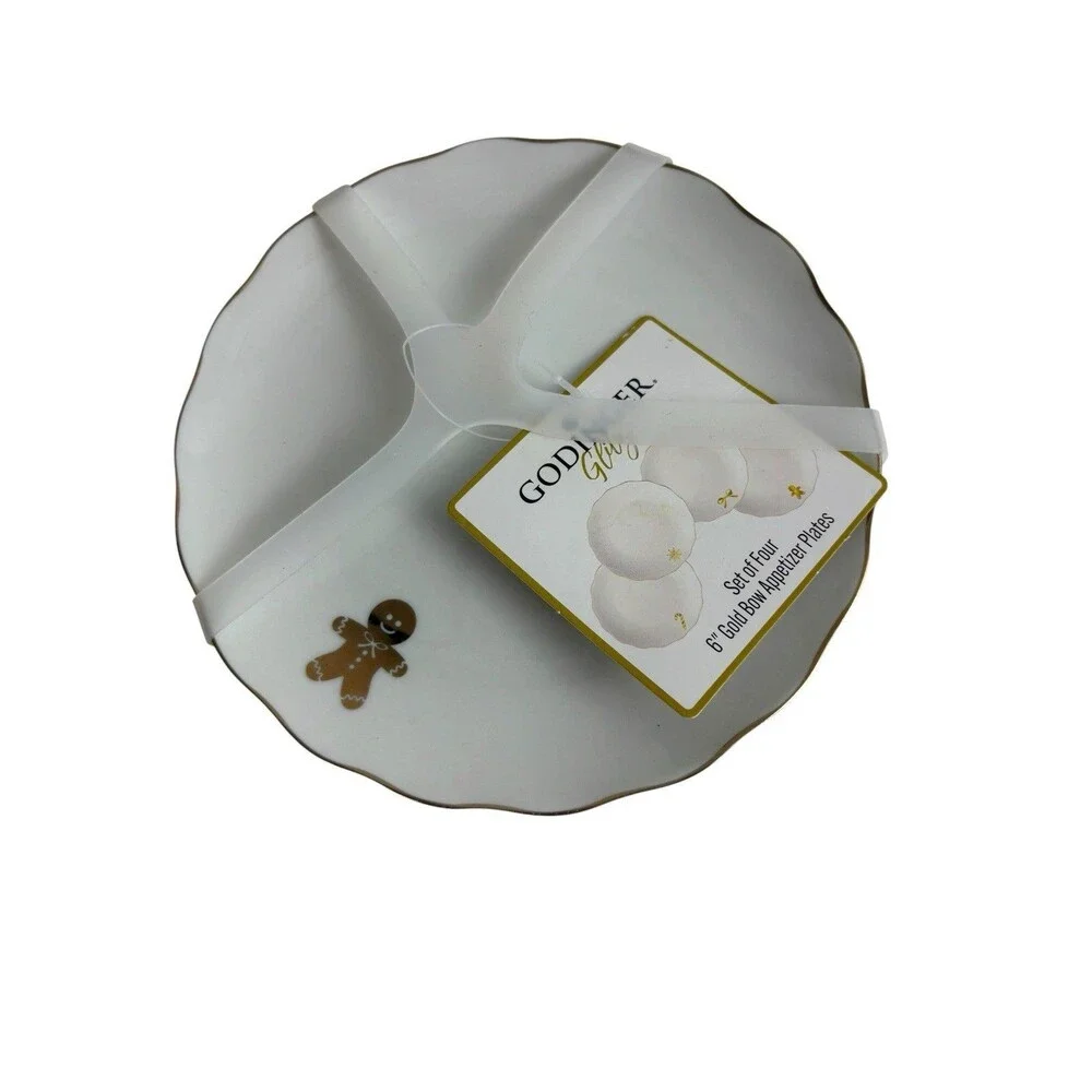 Godinger 6 Inch Holiday Christmas Gold Rim Appetizer Dessert Plates Set Of 4 NEW